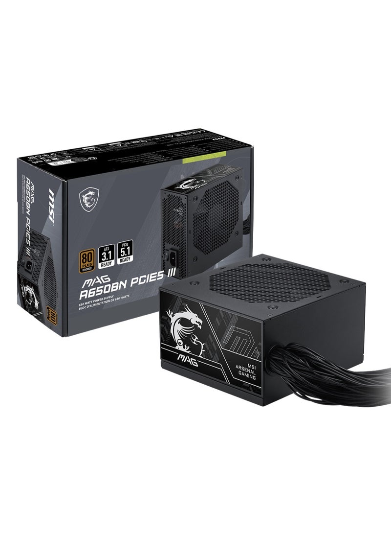 MSI MAG A650BN PCIE5 III 650W Power Supply, 80+ Bronze, ATX 3.1, PCIe 5.1 12V-2x6, Dual EPS, 120mm Fan, Non-Modular Power Supply, Black | 306-7ZPTY18-HD8 - Image 1